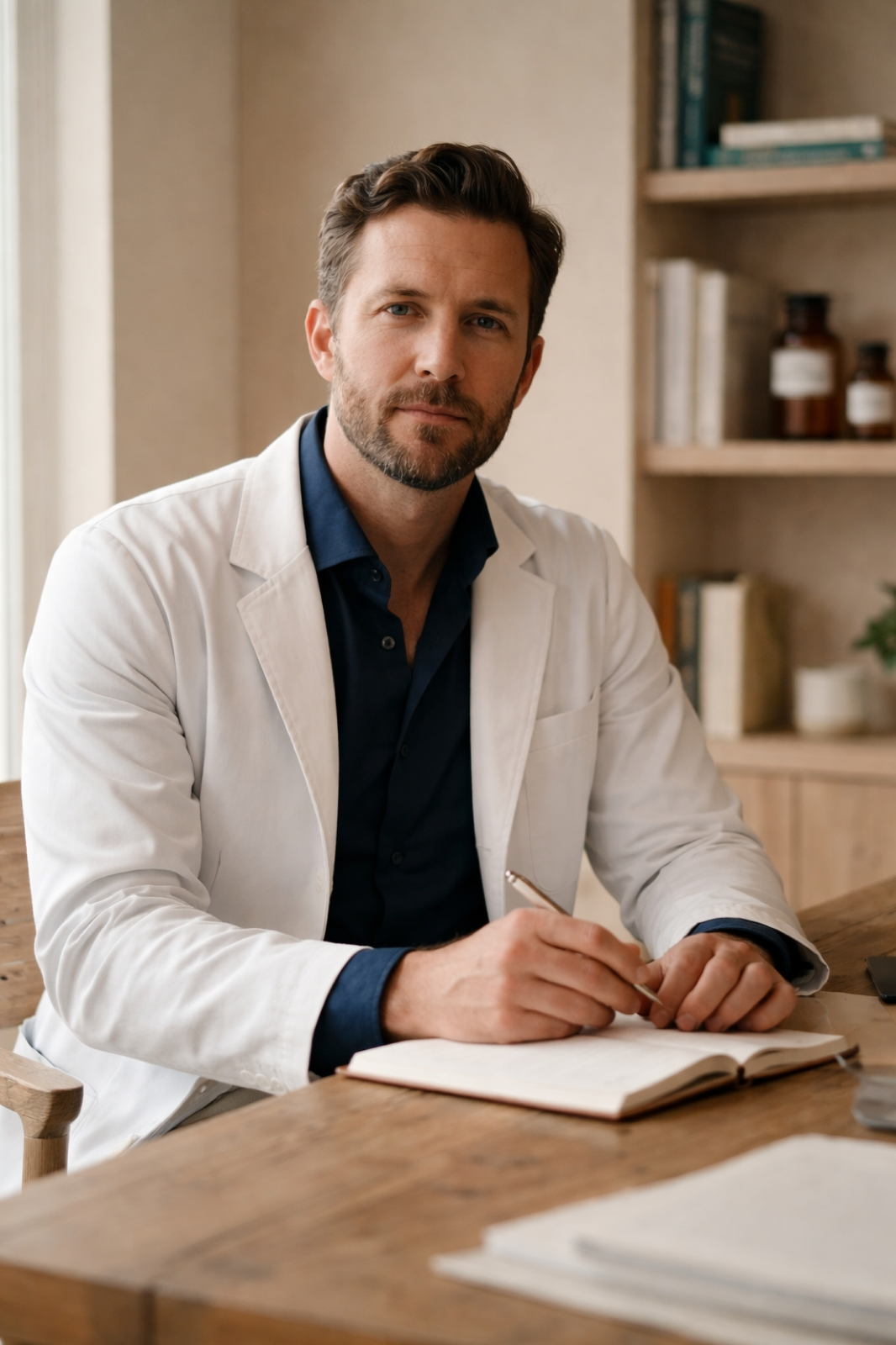 Dr James Whitfield reviewing patient notes at his integrative medicine consultation desk in Surry Hills