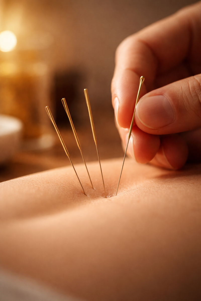 Medical acupuncture needle insertion — precision meridian-based treatment by Dr James Whitfield in Sydney