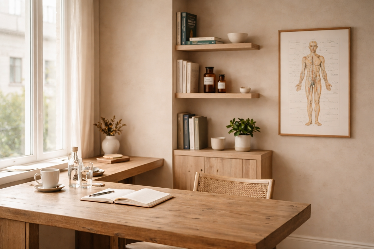 The Integrative Meridian GP consultation room in Surry Hills — warm, considered clinical space with meridian chart